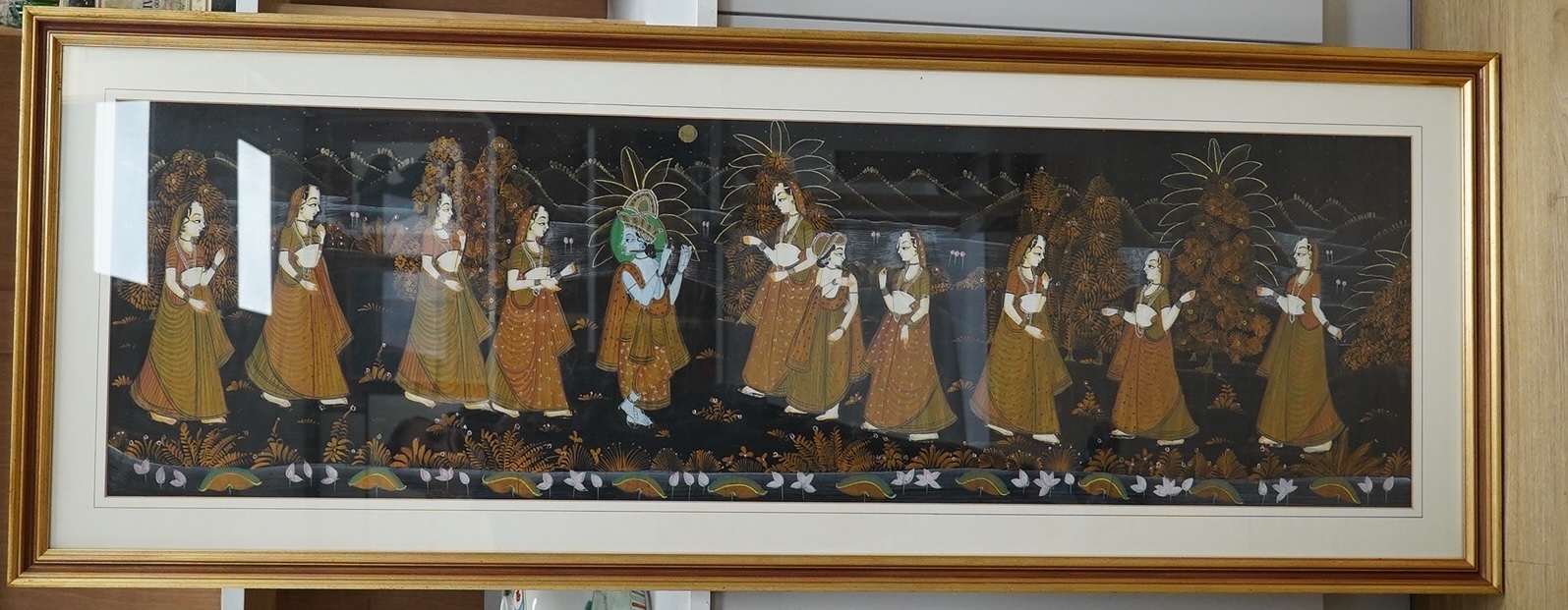 20th century, Indian School, watercolour and gouache on silk, 'Procession of figures', 40 x 140cm. Condition - good